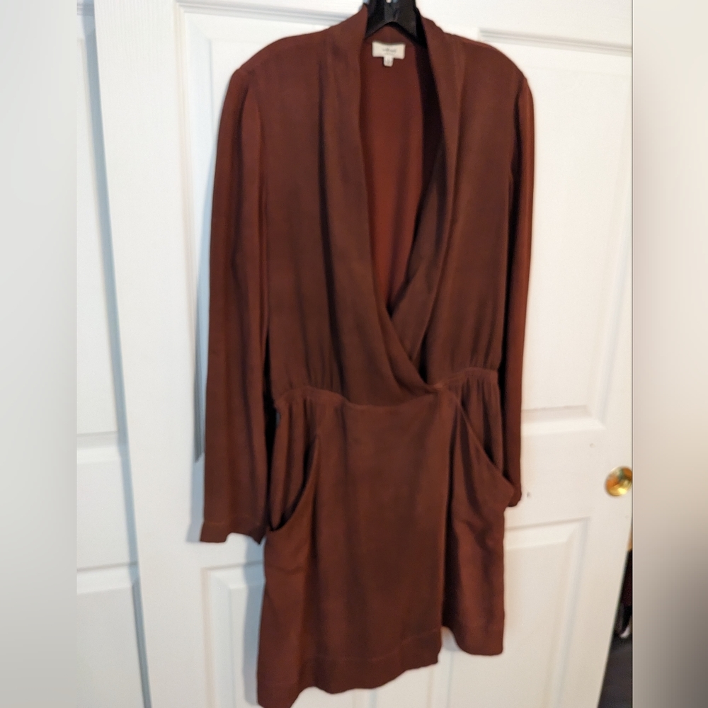 Aritzia Wilfred 100% Silk Chocolate Long Sleeve Wrap Dress, Sz L